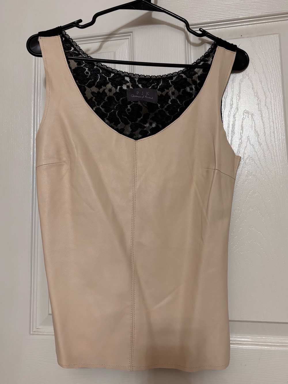 Beige Leather Tank Top with Lace Trim